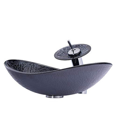 HomeLava Gehärtetes Glas Waschbecken Set Oval Schwarz mit Wasserfall Armatur Set und Abflussgarnitur Set