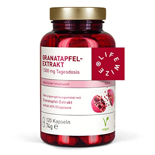 LifeWize® Granatapfel Extrakt Kapseln - 40% Ellagsäure (20:1 Extrakt) - 1500 mg Hochdosiert pro Tagesdosis - 120 Kapseln - Vegan & ohne unerwünschte Zusätze