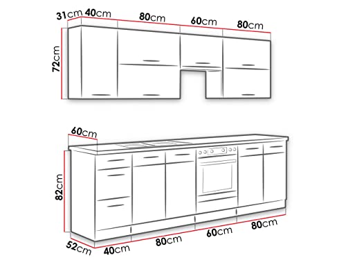 Küche Woodline II mit Arbeitsplatte und Spühlbecken im Set, Küchenblock/Küchenzeile 8 Schrank-Module frei kombinierbar (Eiche Lancelot/Weiß Hochglanz, mit LED Beleuchtung)