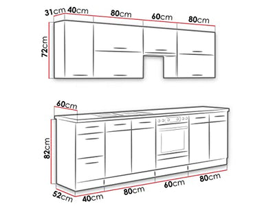 Küche Woodline II mit Arbeitsplatte und Spühlbecken im Set, Küchenblock/Küchenzeile 8 Schrank-Module frei kombinierbar (Eiche Lancelot/Weiß Hochglanz, mit LED Beleuchtung)