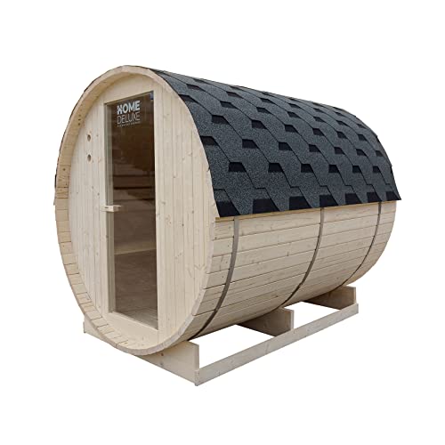 HOME DELUXE - Outdoor Fasssauna LAHTI XL - Maße: BxTxH: ca. 195 cm x 192 cm x 220 cm, Holz: Fichtenholz - inkl. Elektroofen und kompl. Saunazubehör I Gartensauna, Außensauna, Sauna für 6 Personen