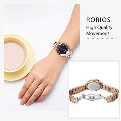 RORIOS Mode Damen Analog Quarzuhr Armbanduhren Edelstahlband Sternenklarer Himmel Simulierter Diamant Dial Wasserdichte Armbanduhr