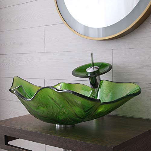 Homelava Modern Gehärtetes Glas Waschbecken Blatt Design Glas Aufsatz Waschschale mit Wasserfall Wasserhahn (Grün)