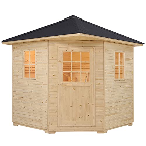 Artsauna Gartensauna Eldur mit 8 kW Ofen, Beleuchtung & Zubehör - Saunahaus aus Fichtenholz - Außensauna für 5 Personen - Outdoor Sauna 200x200x256 cm