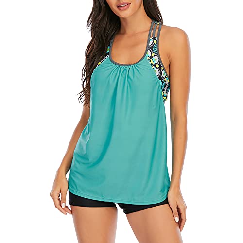 Durio Tankini für Damen Tankini Damen Bauchweg Bademode Top Bandeau Mit Hotpants Set Badeanzug Grün Blume 42-44