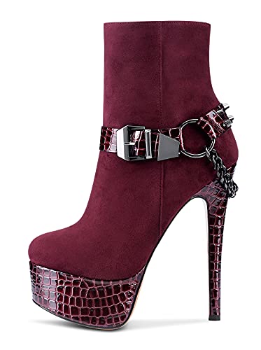 CASTAMERE Damen Mode-Stiefel Knöchelhoch Boots Plattform Stilettos 15CM Plateau Stiefeletten Rot Burgund Wildleder Schuhe EU 37