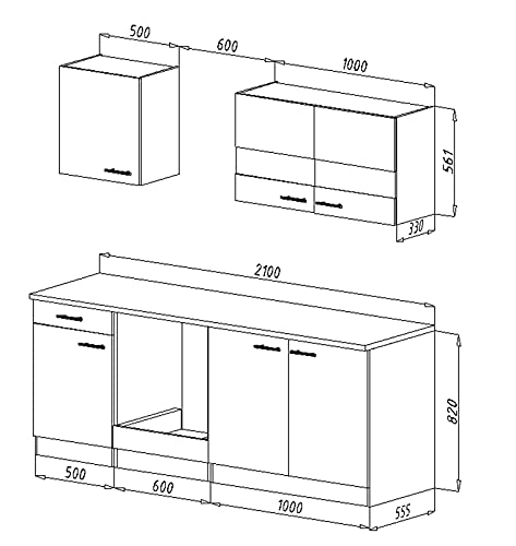 Küchenzeile Küche Einbauküche Küchenzeile Küchenblock 210 cm Grau Komplettküche