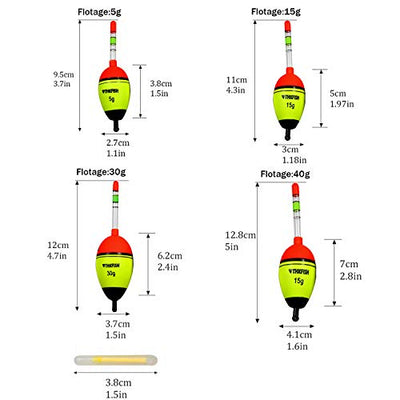 THKFISH Angeln Schwimmt,  5Stück 30g Schaum Süßwasser Salzwasser Leuchtende Beleuchtung Eva-Schaum Fischen schwimmt Crappie Fischen schwimmt Bobber Slip Tube Kit mit 10 Stück Glühen Sticks