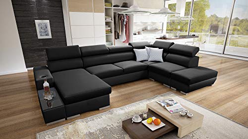 Wohnlandschaft Ecksofa Picanto mit Schlaffunktion Bettkasten Groß XXL Big Sofa Gewebe Kunstleder Grau Schwarz Blau Lila U-Form 26 (Links, Sawana 14 + Ekj 5)