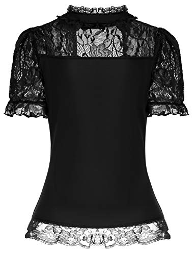 Damen Steampunk Spitzen Shirt Kurzarm Renaissance Spitzenshirt für Party Schwarz XL