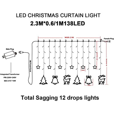 138 LED Lichtervorhang, LED Lichterkette mit Sterne & Weihnachtsmuster, Weihnachtsbeleuchtung Innen Außen Wasserdicht Dekoration für Weihnachtsdeko