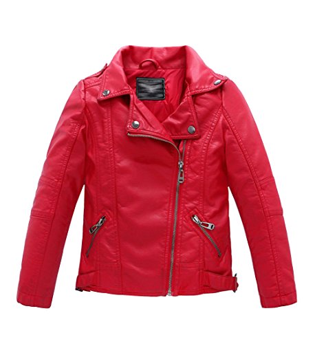 YOUNGSOUL Jungen Mädchen Lederjacke Kinder Kragen Motorrad Bikerjacke aus Kunstleder Frühjahr Herbst Rot 110(3-4 Jahre) / Größe 110