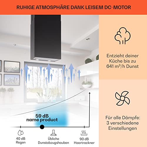 Klarstein Structura - Inselabzugshaube, EEK: A, Abluft/Umluft, 3 Stufen, Luftumwälzung: 641 m³/h max, 41 x 35,5 cm, LED-Beleuchtung, optionale Ausstattung mit Aktivkohlefiltern, Edelstahl, schwarz