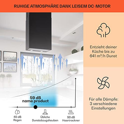 Klarstein Structura - Inselabzugshaube, EEK: A, Abluft/Umluft, 3 Stufen, Luftumwälzung: 641 m³/h max, 41 x 35,5 cm, LED-Beleuchtung, optionale Ausstattung mit Aktivkohlefiltern, Edelstahl, schwarz