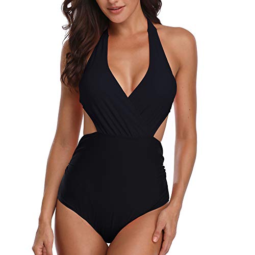 Misolin Damen Badeanzug Neckholder V-Ausschnitt Rückenfrei Einteiliger Bademode Bauchweg Cutouts Strandbikini