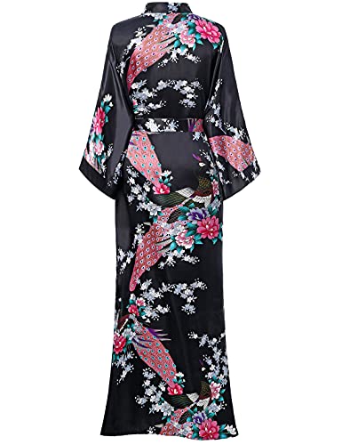 BABEYOND Damen Morgenmantel Maxi Lang Seide Satin Kimono Kleid Pfau Muster Kimono Bademantel Damen Lange Robe Schlafmantel Girl Pajama Party (Schwarz)