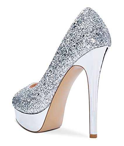 NobleOnly Damen Plattform Peep-Toes Pumps 13CM Stilettos High Heels Silber Glitter Schuhe EU39