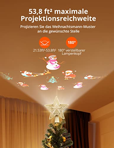 Weihnachtsdeko Christbaumschmuck, Weihnachtsbaumspitze Stern Weihnachtsbaum Topper, Christbaumspitze LED Weihnachtsmann Projektor 180° drehbare Musterprojektion für Weihnachten, Party, Innendekoration