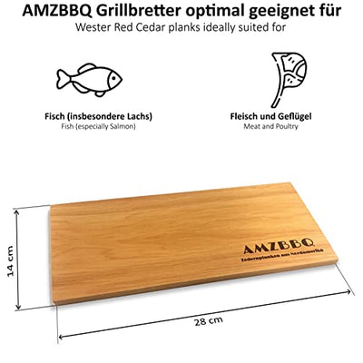 AMZBBQ® Premium Grillplanken - 6er Set Zedernholzbretter zum Grillen - 28 x 14 cm Grillbretter für Gas- & Kohlegrill - Räucherbretter für Lachs - Grillzubehör Geschenk für Männer & Frauen