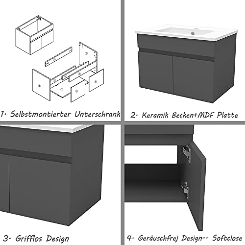 Acezanble Badezimmer Badmöbel 60 cm Waschtisch mit Unterschrank Hängeschrank Anthrazit