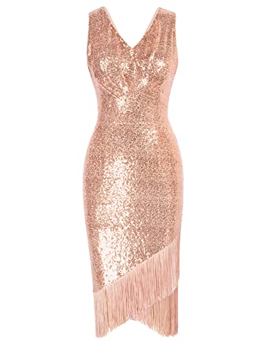 Belle Poque 1920er Jahre Kleid Damen Pailletten Ärmellos V-Ausschnitt Wickelsaum mit Fransen Rockabilly Abendkleid Etuikleid Rose Gold M