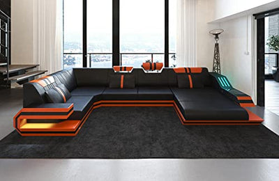 Wohnlandschaft Ravenna Sofa U Form Ledersofa - mit LED Beleuchtung, verstellbare Kopfstützen, Recamiere/Lederfarben wählbar/Ausrichtung wählbar (Ottomane rechts, Schwarz-Orange)