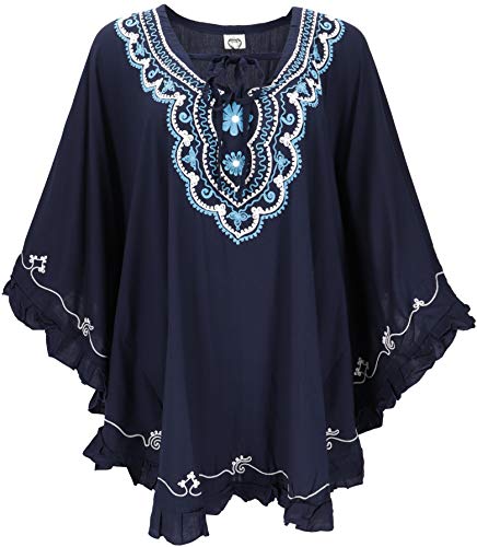 GURU SHOP Bestickter Hippie Poncho, Tunika, Kaftan, Strandkleid, Maxi Größe, Damen, Nachtblau, Synthetisch, Size:One Size, Blusen & Tunikas Alternative Bekleidung