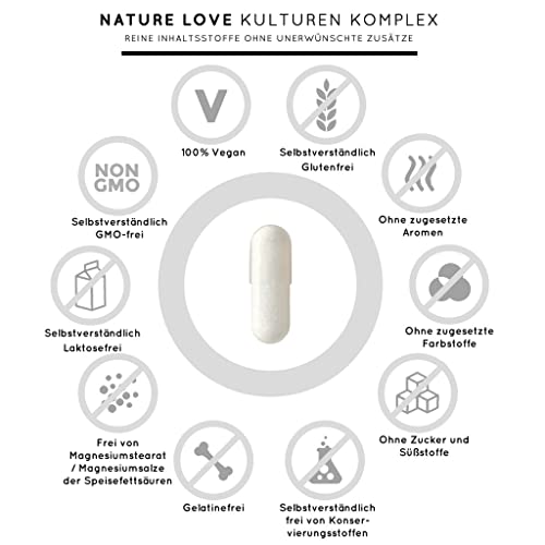 NATURE LOVE® Probiona Komplex - 20 Bakterienstämme + Bio Inulin - 180 magensaftresistente Kapseln - 2X hochdosiert: 20 Mrd KBE je Tagesdosis - Vegan, in Deutschland produziert