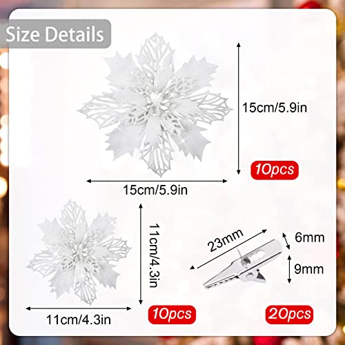 YSUVIN Weihnachtsblumen dekorieren, 20 Stück Weihnachten Blumen Weihnachtsstern Ornamente Poinsettia Glitzer Christbaumschmuck Geeignet für Weihnachten Hochzeitsfeier Neujahr, Weiß(15cm & 11cm)