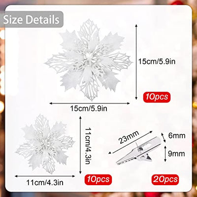 YSUVIN Weihnachtsblumen dekorieren, 20 Stück Weihnachten Blumen Weihnachtsstern Ornamente Poinsettia Glitzer Christbaumschmuck Geeignet für Weihnachten Hochzeitsfeier Neujahr, Weiß(15cm & 11cm)