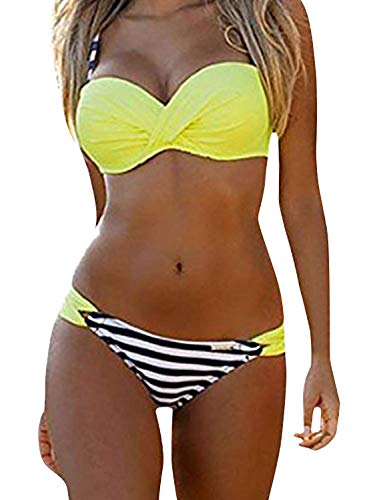 GOSOPIN Damen Bikini Zweiteilige Badeanzug Bademode Push Up Strandkleidung Bikinioberteil Bikini Set,Gelbe Streifen,M