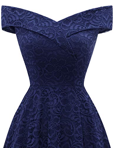 Homrain Damen Elegant Spitzenkleid Schulterfrei Rockabilly Kleid Schwingen Cocktail Abendkleider Brautjungfernkleider für Hochzeit Navy M