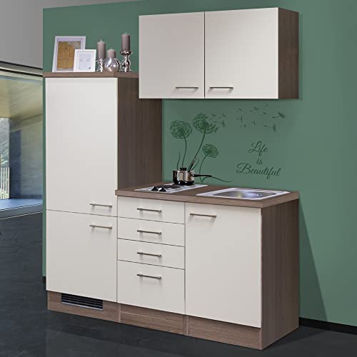 RIWAA - Singleküche BELFAST mit Elektro-Kochfeld und Kühlschrank Küche - 8-teilig - 160 cm - Creme Samtmatt/Eiche Dekor