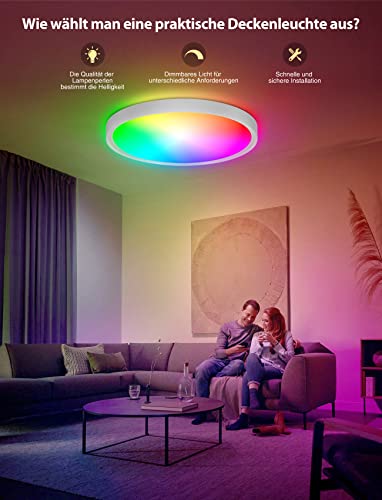 LED Deckenleuchte - 30W Dimmbare Bluetooth Deckenlampe mit Fernbedienung und App 3000k/4000k/6000k FüR Beleuchtung Wohnzimmer Schlafzimmer Küche Korridor Balkon Badezimmer Esszimmer