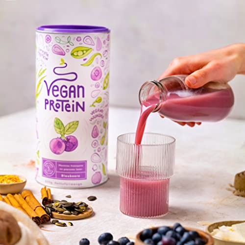 Vegan Protein - BLAUBEERE - Pflanzliches Proteinpulver aus Reis, Lupinen, Erbsen, Chia-Samen, Leinsamen, Amaranth, Sonnenblumen- und Kürbiskernen - 600 Gramm Pulver