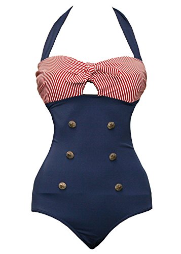 Bslingerie® Sexy Damen Retro Bademode Übergröße Halfter einteiliger Badeanzüge Monokini (3XL, Rot-Blau)