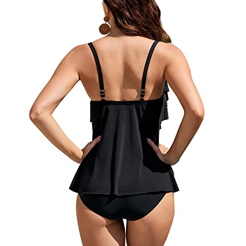 WIN.MAX Damen Tankini Bauchweg Bedruckter Badeanzug Zweiteiler Bikini Sets Push Up Swimsuit Gepolsterte Bademode Beachwear (Schwarz, EU38)