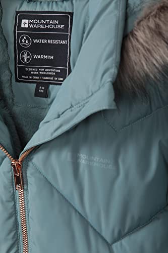 Mountain Warehouse Galaxy gefütterte, gepolsterte Fleece-Kinderjacke – wasserdichte Winter Steppjacke für Mädchen & Jungen, Kapuze aus Kunstfell, Longline Blaugrün 7-8 Jahre