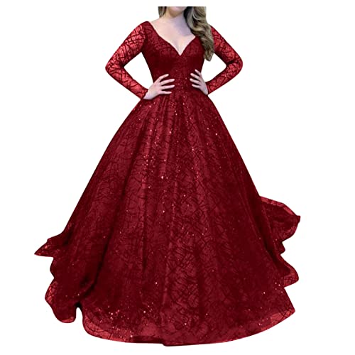 Abendkleid Damen Swing Kleid Elegantes Briskorry V-Ausschnitt Langen Ärmeln Brautkleid Hochzeitskleid Große Größen Prinzessin Spitze Tüll A-Linie Lang Brautkleider Glitzer Sexy Cocktailkleid Ballkleid