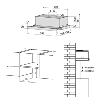 CIARRA CBCS6906D Energieeffizienz A Flachschirmhaube Dunstabzugshaube 60cm 370m³/h mit CBCF002X2 Aktivkohlefilter Integrierte Einbau Flach Abluft Umluft Abzugshaube 2 Stufen LED-Beleuchtung