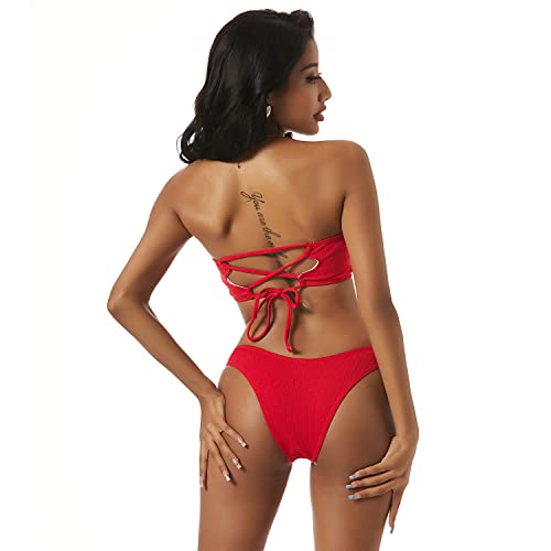 ZAFUL Damen High Cut Bandeau Bikini Set Trägerlos Gerippt Bikinis Bademode(Rot M)