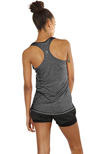 icyzone Damen Sporttop Yoga Tank Top Ringerrücken Oberteil Laufen Fitness Funktions Shirt, 3er Pack (L, Charcoal/Red Bud/Pink)