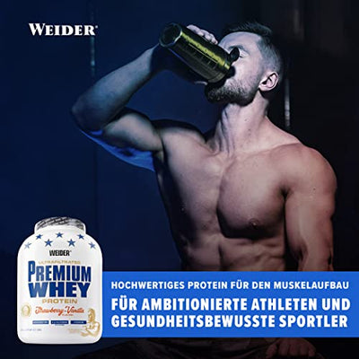 Weider Premium Whey Protein Pulver, hochwertiges Eiweißpulver mit Whey Isolat zum Muskelaufbau mit hohem Anteil an EAA, BCAA und freiem L-Glutamin, perfekte Löslichkeit – Erdbeer-Vanille, 2,3kg