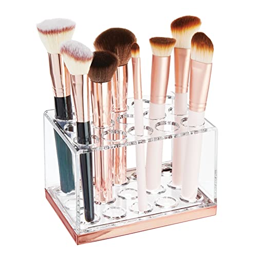 mDesign praktischer Kosmetik Organizer – dekorative Kosmetik Aufbewahrungsbox für Wimperntusche und Lippenstift – Ablage mit 15 Fächern zur Schminkaufbewahrung – durchsichtig und rotgold