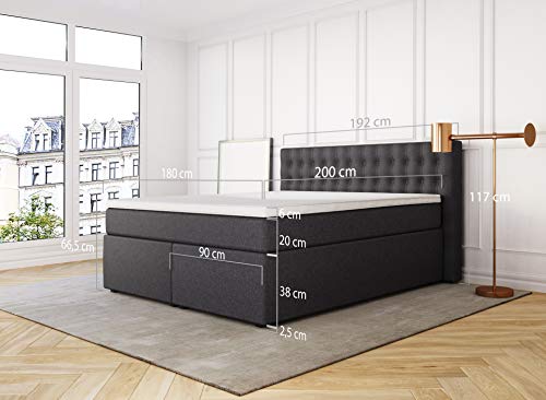 Betten Jumbo King Boxspringbett 180x200 cm mit Bettkasten 7-Zonen TFK Härtegrad H3 und Visco-Topper | Farbe Anthrazit | div. Größen verfügbar