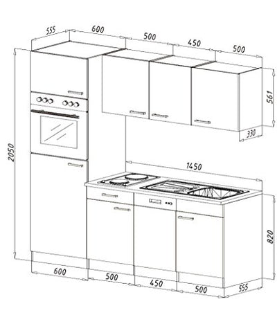 respekta Einbau Single Küche Küchenblock Küchenzeile 205 cm Eiche York grau