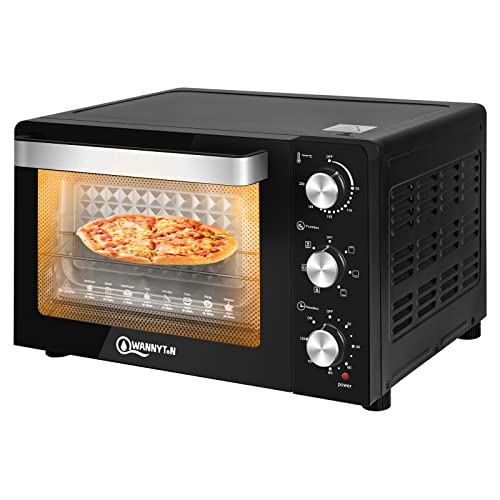 WANNYTON Backofen 30 L, Pizzaofen mit 3 Ebenen 1 Drehspieß-Halter, Minibackofen 6 Modi Umluft, zweilagige Tür, Einbaubackofen mit komplettem Zubehör, 70-230 °C, 0-120 Min. 1500 W, OMOAC03he