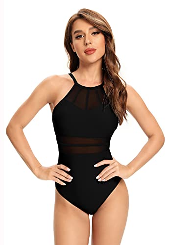 SHEKINI Damen Einteiliger Badeanzug Retro Masche-Design Verstellbar Rückenfrei Slim Bauchweg Bademode High Neck Einteiliger Swimsuit（S, Schwarz）