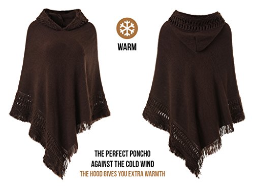 Ferand Damen Kapuzen Poncho mit Häkelborde, Cape für Frauen aus Strickmaterial mit Zierfransen, braun