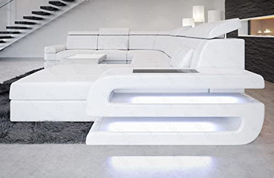 XXL Sofa Bologna Wohnlandschaft in Leder mit USB-Anschluss Beleuchtung Stauraum Ledersofa mit Kopfstützen im modernen Design (Ottomane rechts (auf Sofa blickend), White)